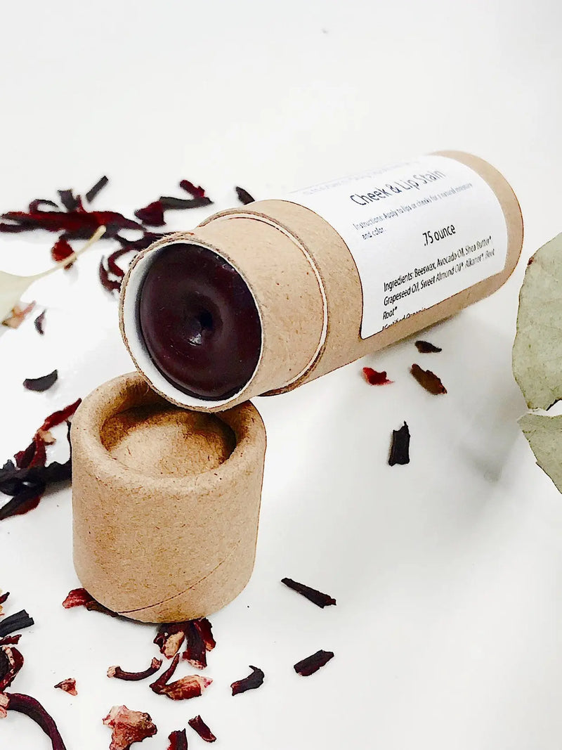 Organic natural cheek and lip stain in eco-friendly paperboard tube.
