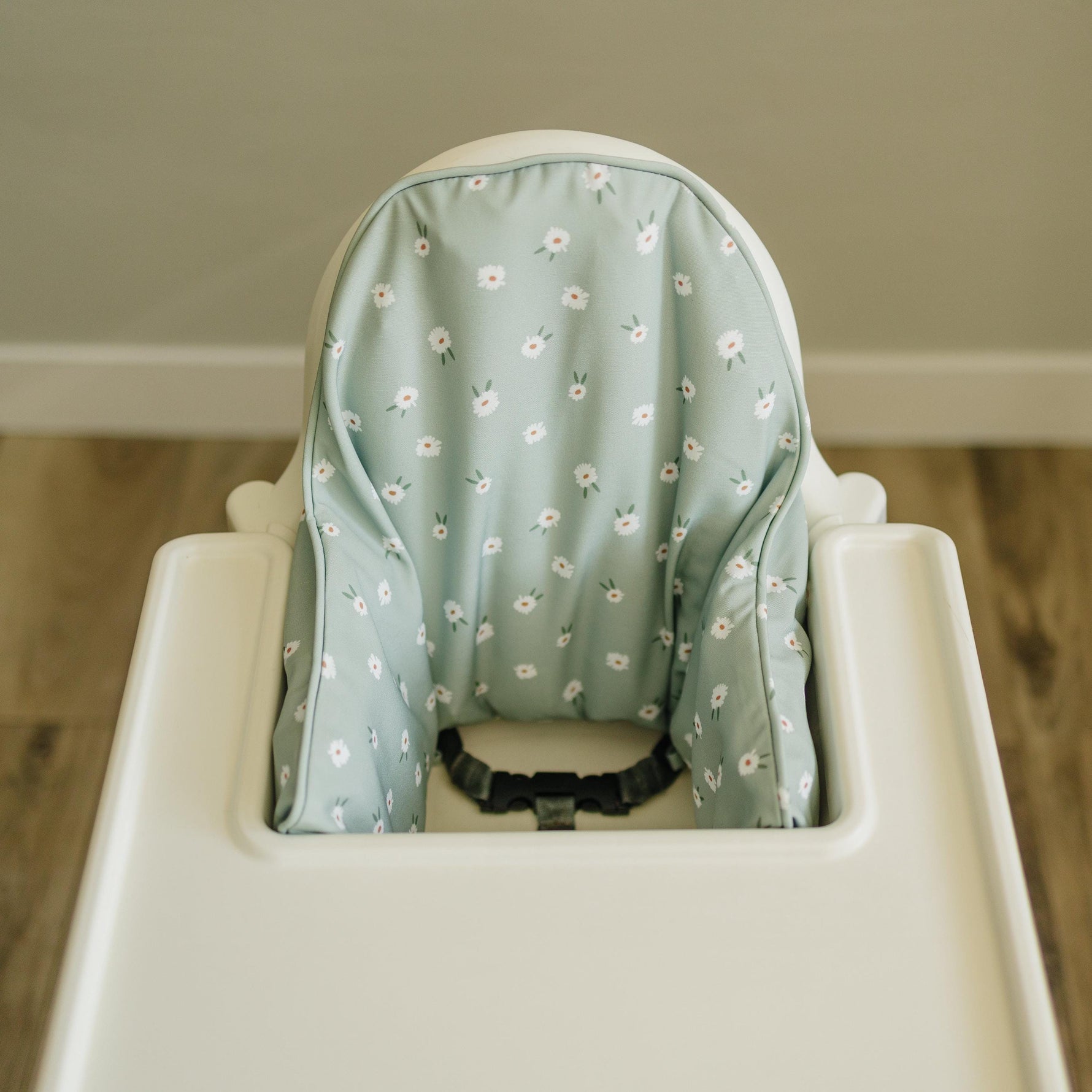 Sage Daisy print IKEA Antilop high chair cushion cover for baby.