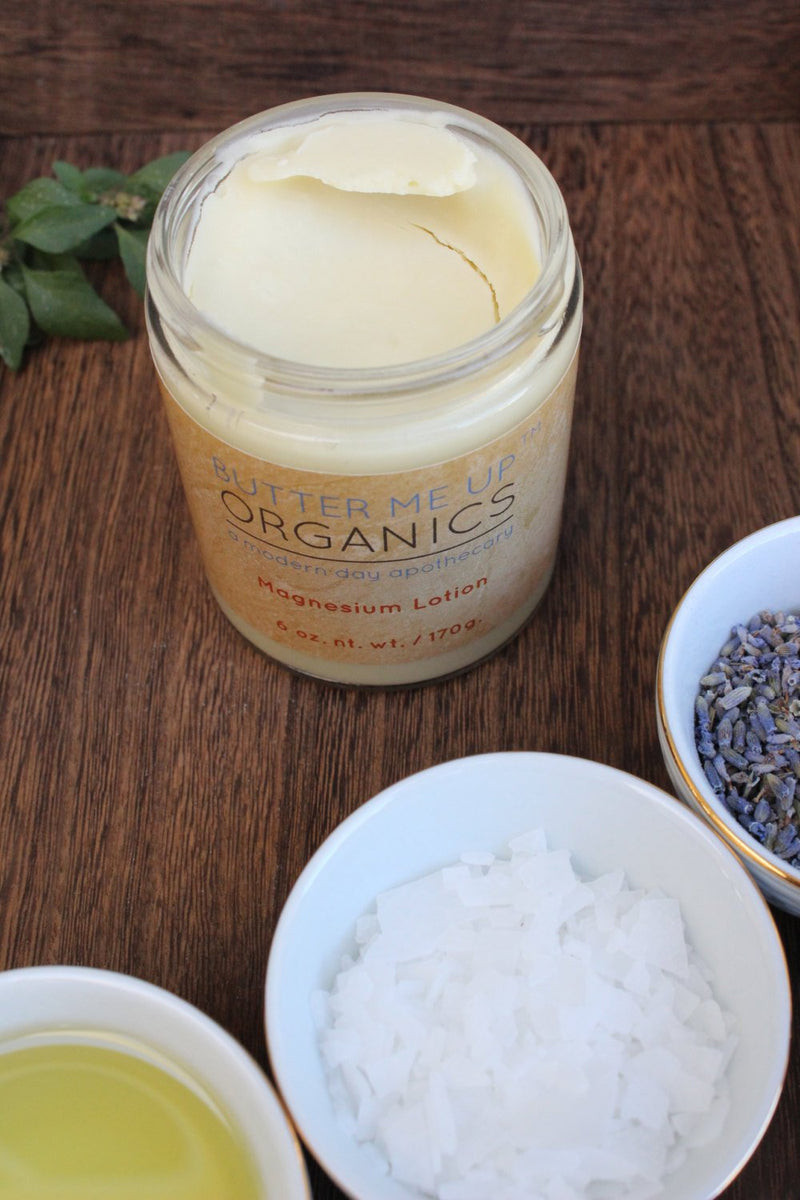 Organic Magnesium Lotion in glass jar with natural ingredients.