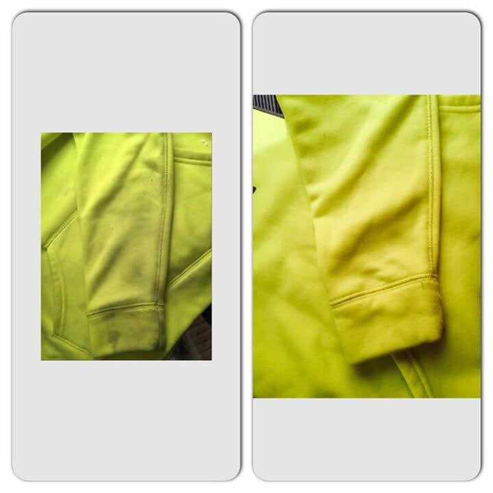 Before and after comparison of a garment cleaned with an Organic Vegan Stain Stick, showing effective stain removal results.