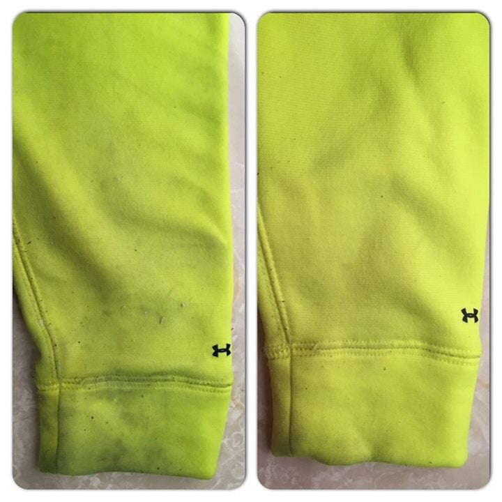 Yellow fabric before and after using Organic Vegan Stain Stick.