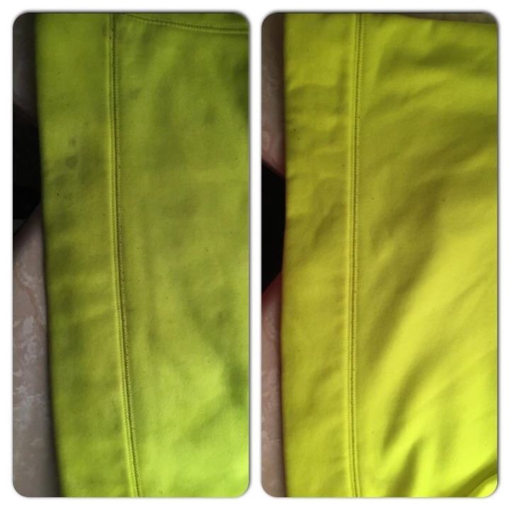 Organic Vegan Stain Stick effectiveness before and after use on yellow fabric.