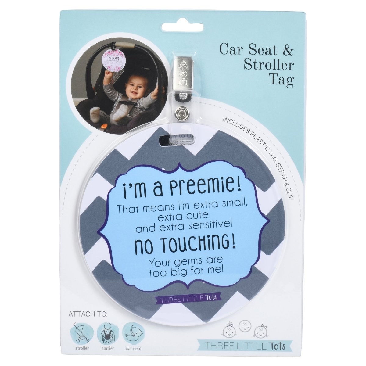 Three Little Tots I'm A Preemie Boy No Touching Baby Car Seat Sign Tag - 