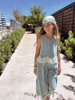 Girls' two-piece set with light denim and lace details for summer