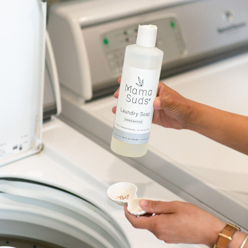 MamaSuds Laundry Detergent Soap bottle for eco-friendly and nontoxic cleaning.