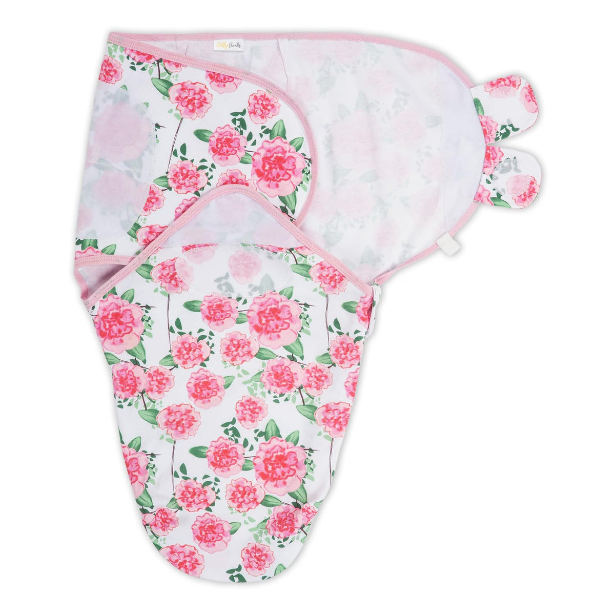 Swaddle sack in white organic cotton printed with soft pink peonies and green foliage, with velcro wings and bottom zipper