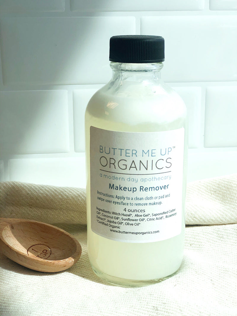 Organic makeup remover in recycled glass bottle by Butter Me Up Organics, non-toxic and gentle for sensitive skin.