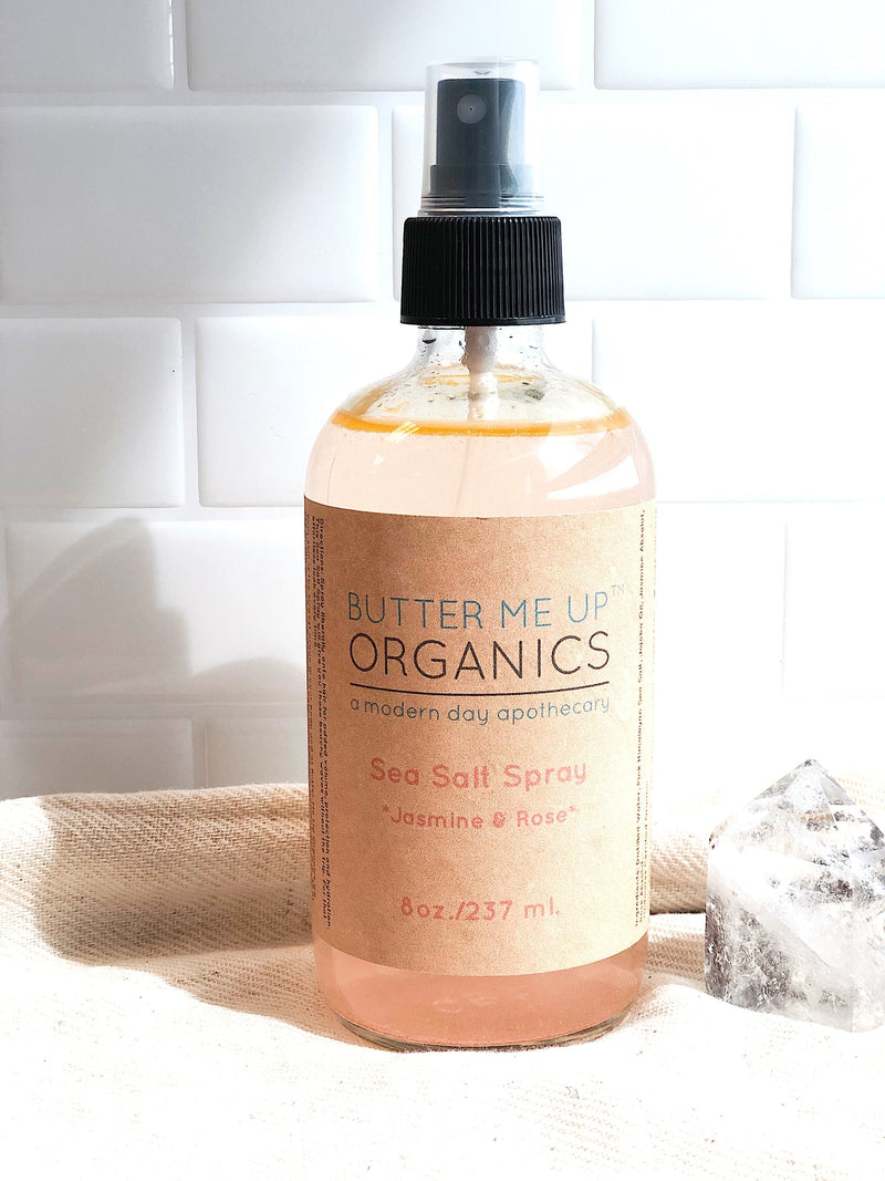 Sea Salt Spray in 8oz glass bottle with essential oils and organic ingredients.