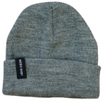Dark grey baby beanie with a folded cuff, shown flat