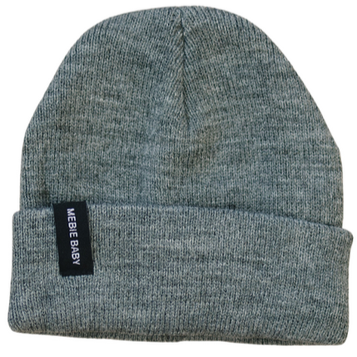 Dark grey baby beanie with a folded cuff, shown flat