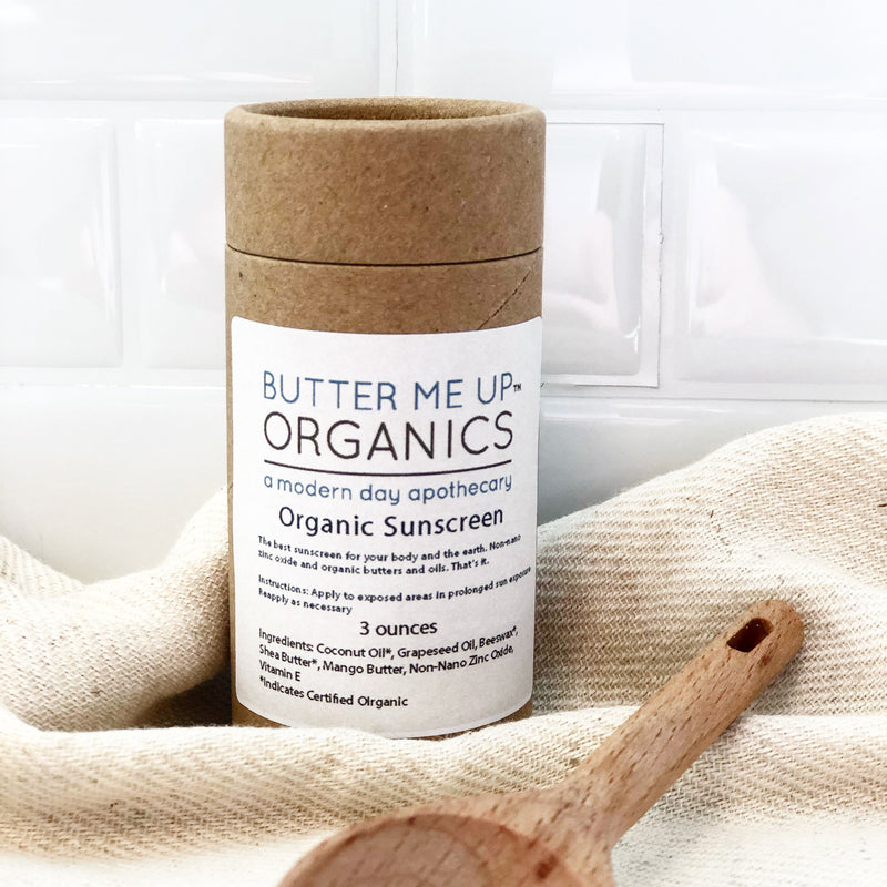 Natural organic sunscreen with non-nano zinc oxide, eco-friendly packaging.