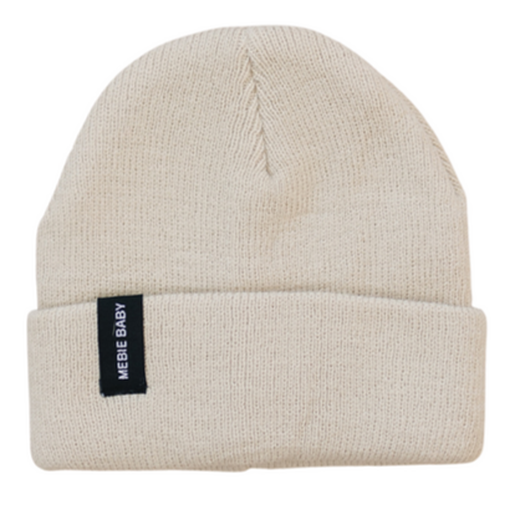 Oatmeal-colored baby beanie with a folded cuff