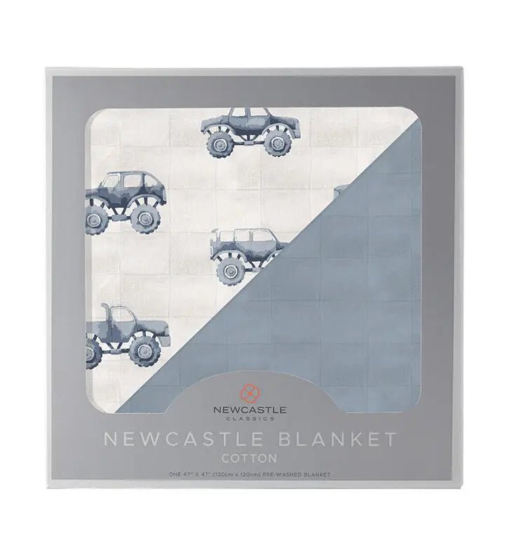 Newcastle Classics Indigo Monster Trucks and Blue Fog Cotton Newcastle Blanket - 