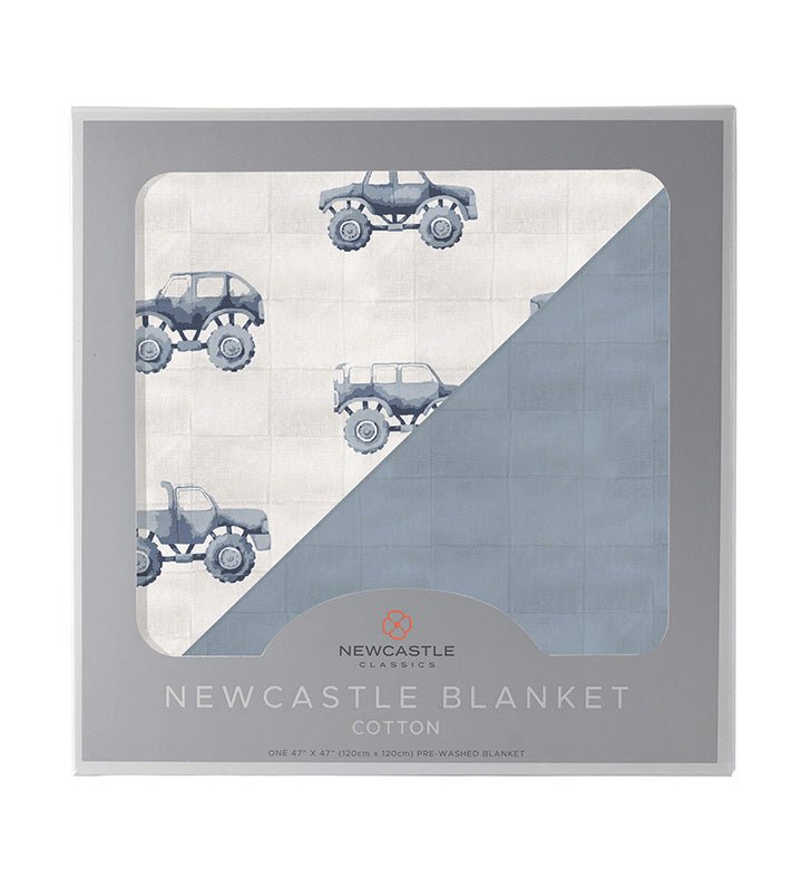 Newcastle Classics Indigo Monster Trucks & Blue Fog Cotton Blanket | Newcastle Classics