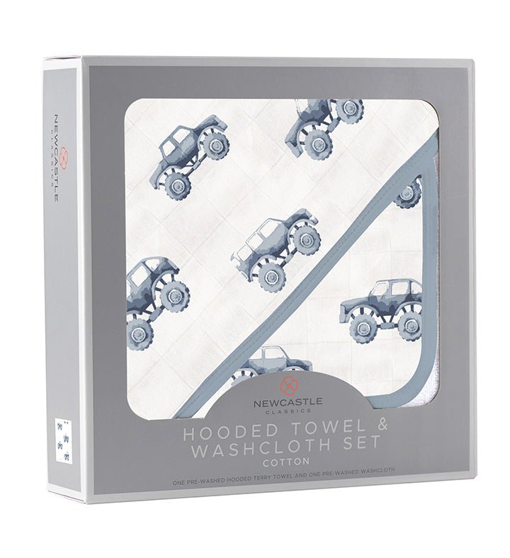 Newcastle Classics Indigo Monster Trucks Cotton Hooded Towel and Washcloth Set for Kids - 