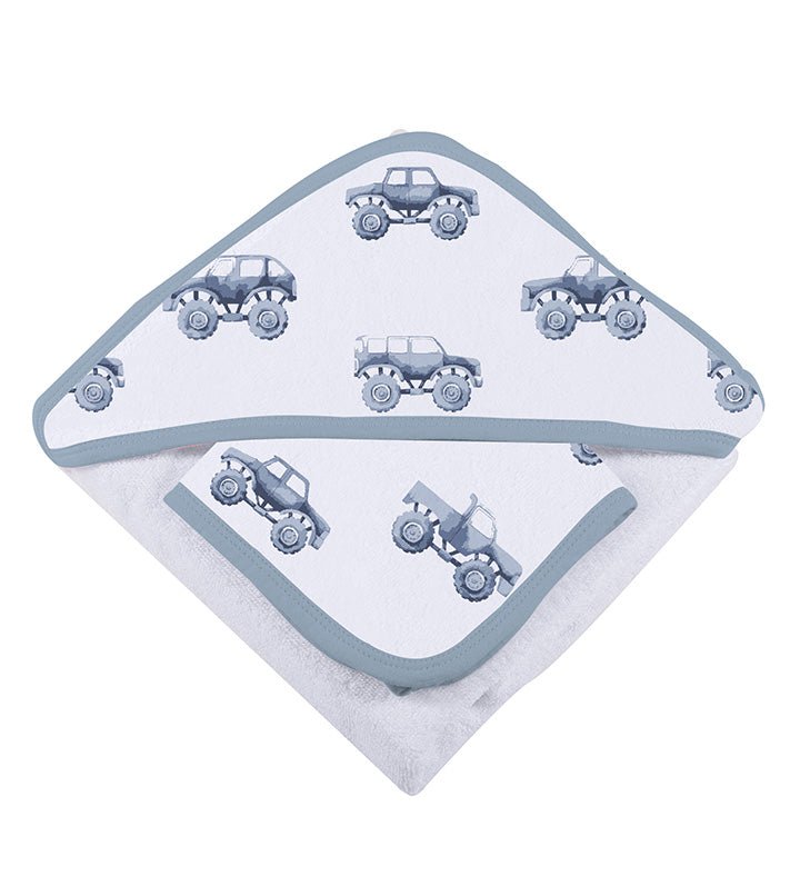 Newcastle Classics Indigo Monster Trucks Cotton Hooded Towel and Washcloth Set for Kids - 