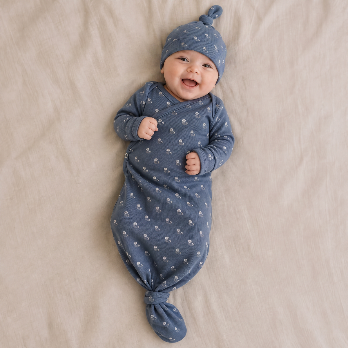 Organic Knotted Baby Gown - Indigo Blossom by Makemake Organics