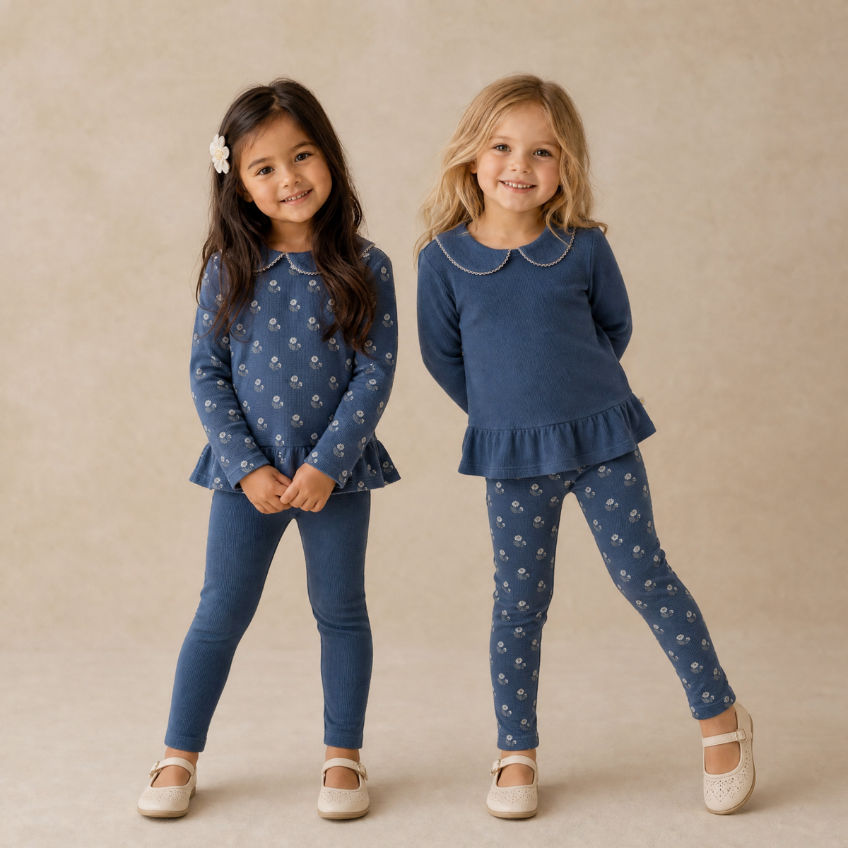 Organic Collar Peplum Top Set of 2 - Indigo Blossom + Navy by Makemake Organics
