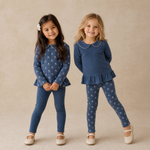 Organic Collar Peplum Top Set of 2 - Indigo Blossom + Navy by Makemake Organics