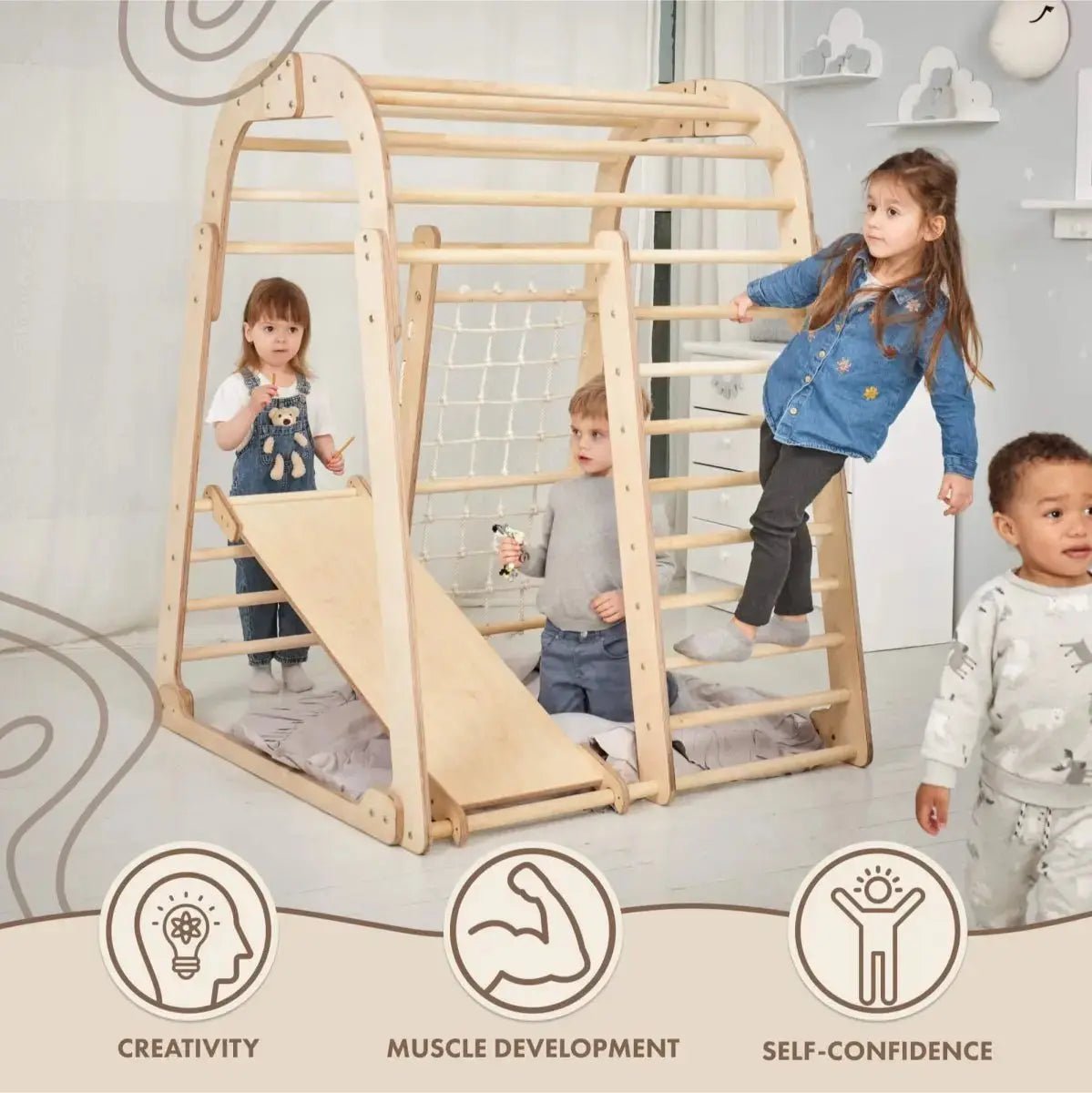 Goodevas Indoor Wooden Playground for Children - 6in1 Playground + Swings Set + Slide Board - 