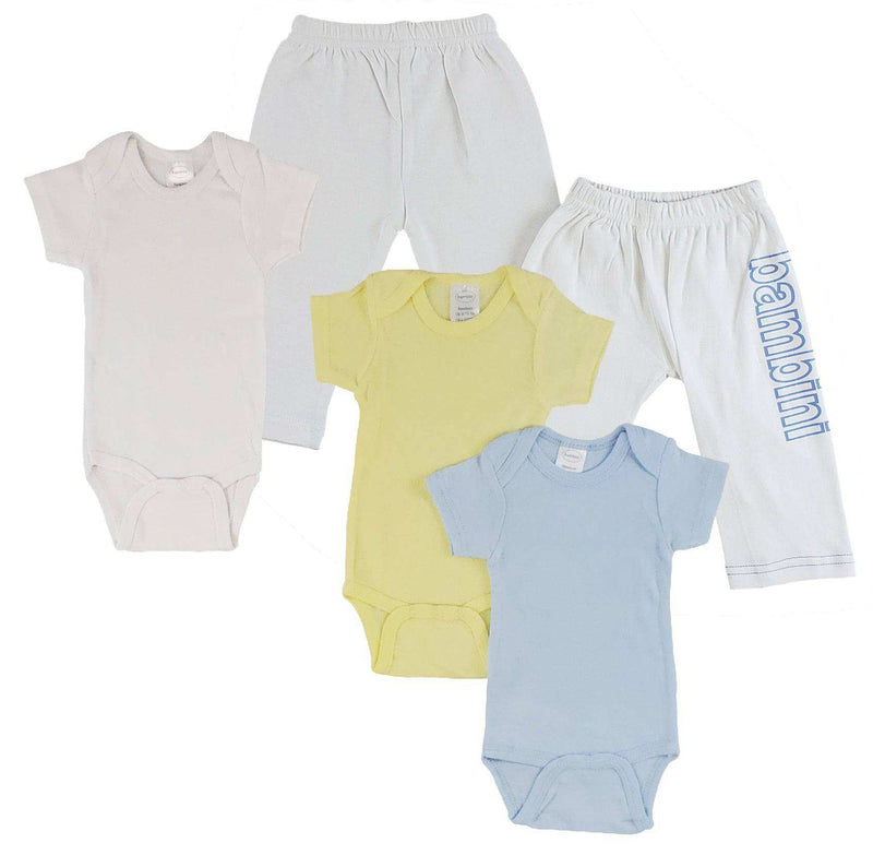 Infant cotton onezies and track sweatpants set in pastel colors.