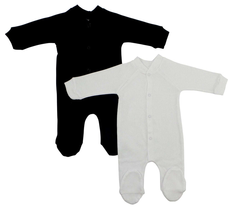 Interlock Black and White Closed-toe Sleep & Play baby long johns in cotton blend, set of two, in black and white.