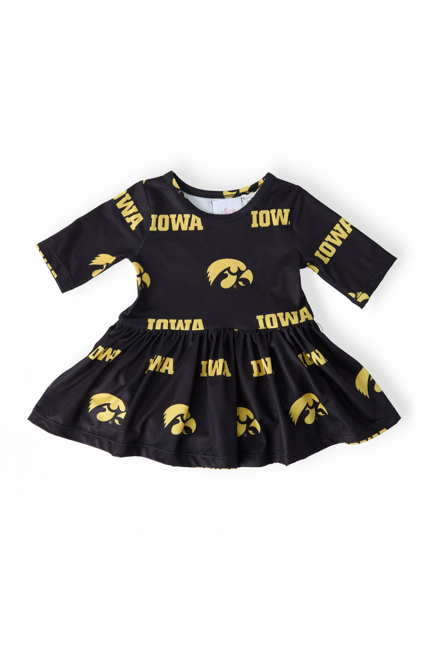 Black baby twirl bodysuit with gold Iowa Tigerhawk logo and 3/4 sleeves with attached twirl skirt.