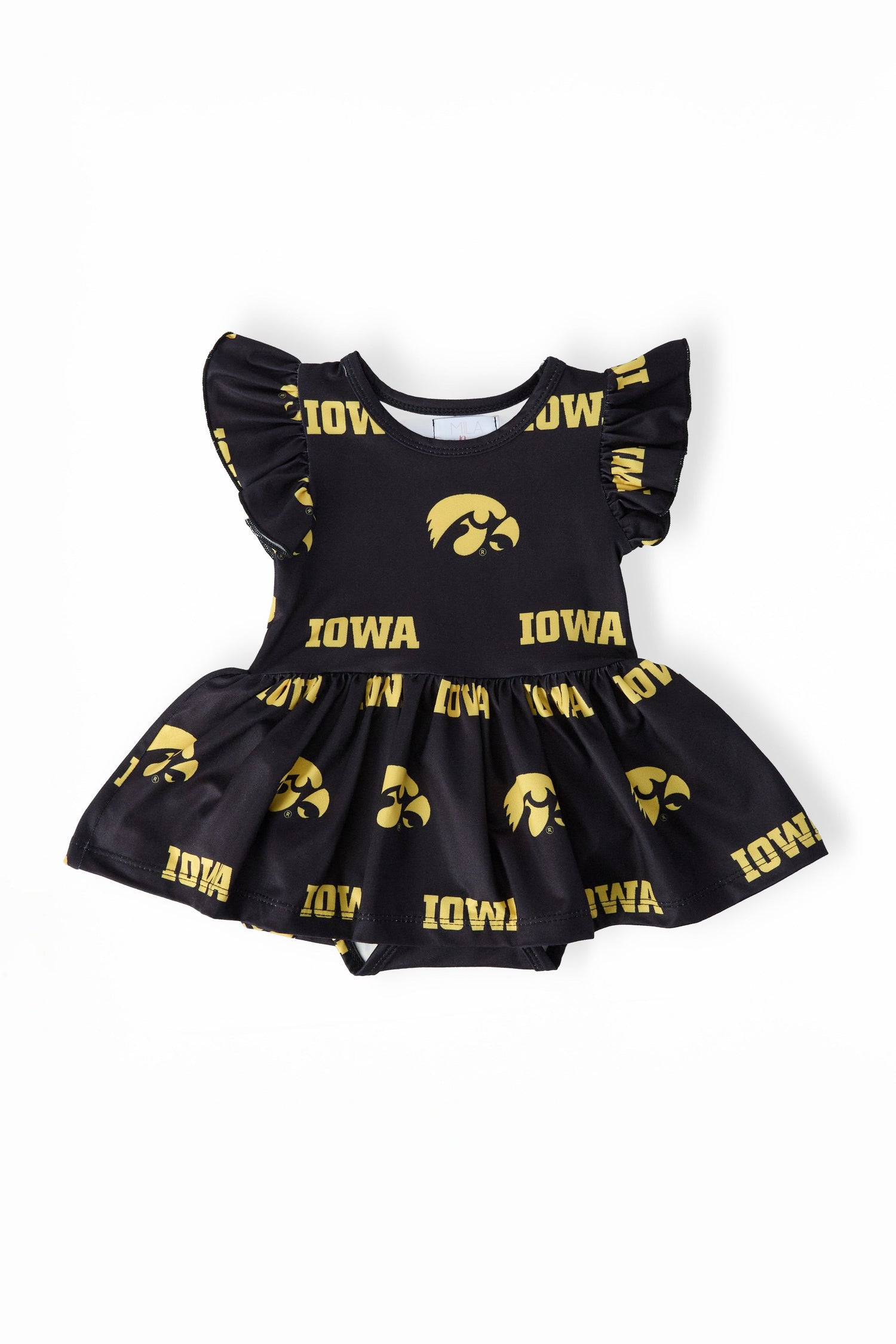 Black short-sleeve flutter twirl bodysuit with gold Iowa Tigerhawk logo and spinning skirt.