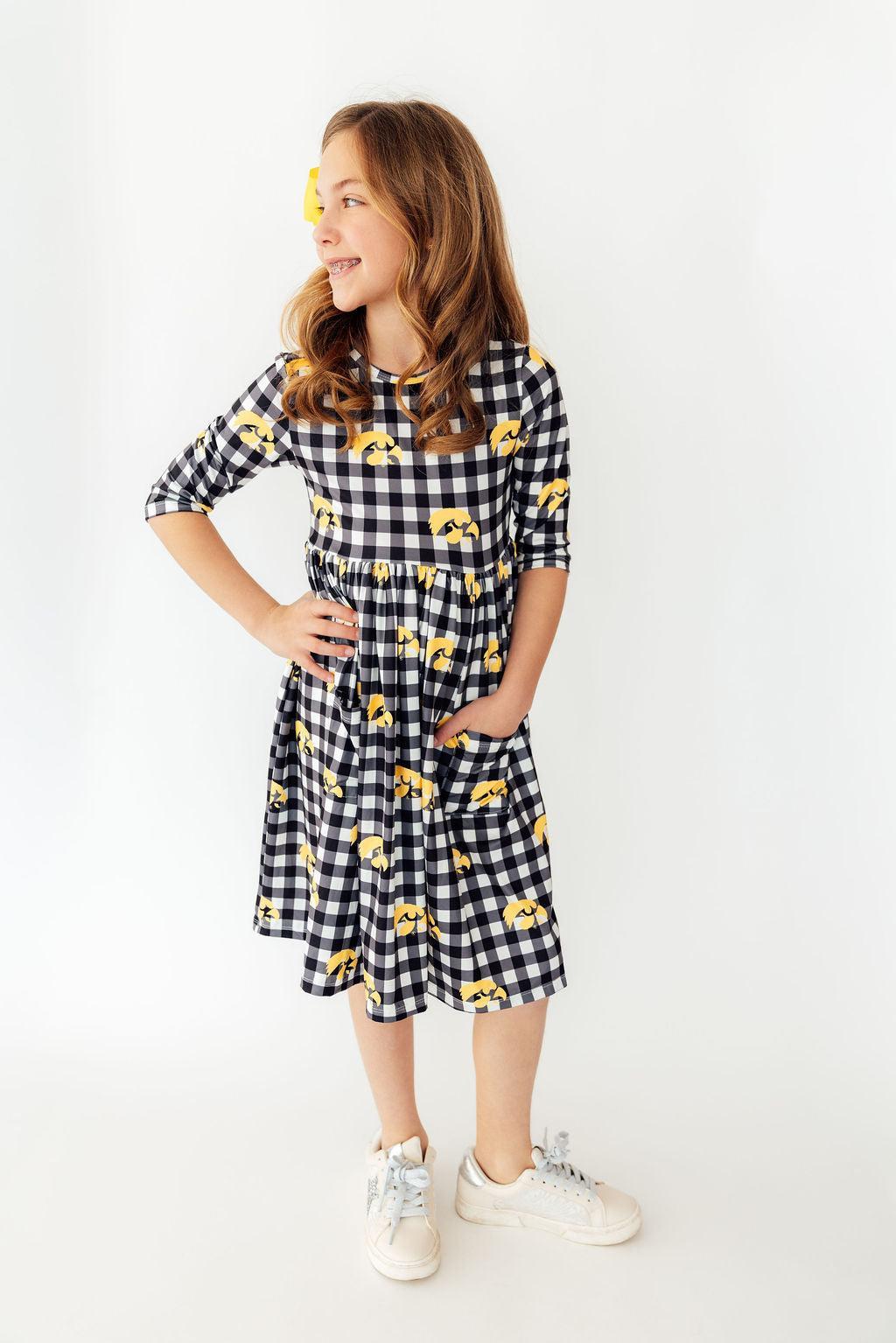 Mila & Rose ® Iowa Plaid Tigerhawk 3/4 Sleeve Pocket Twirl Dress Everetts Place