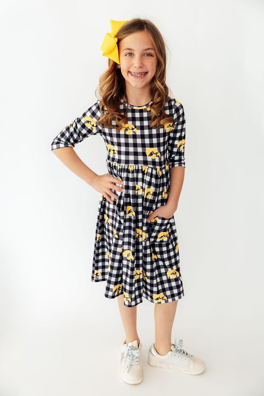 Mila & Rose ® Iowa Plaid Tigerhawk 3/4 Sleeve Pocket Twirl Dress Everetts Place