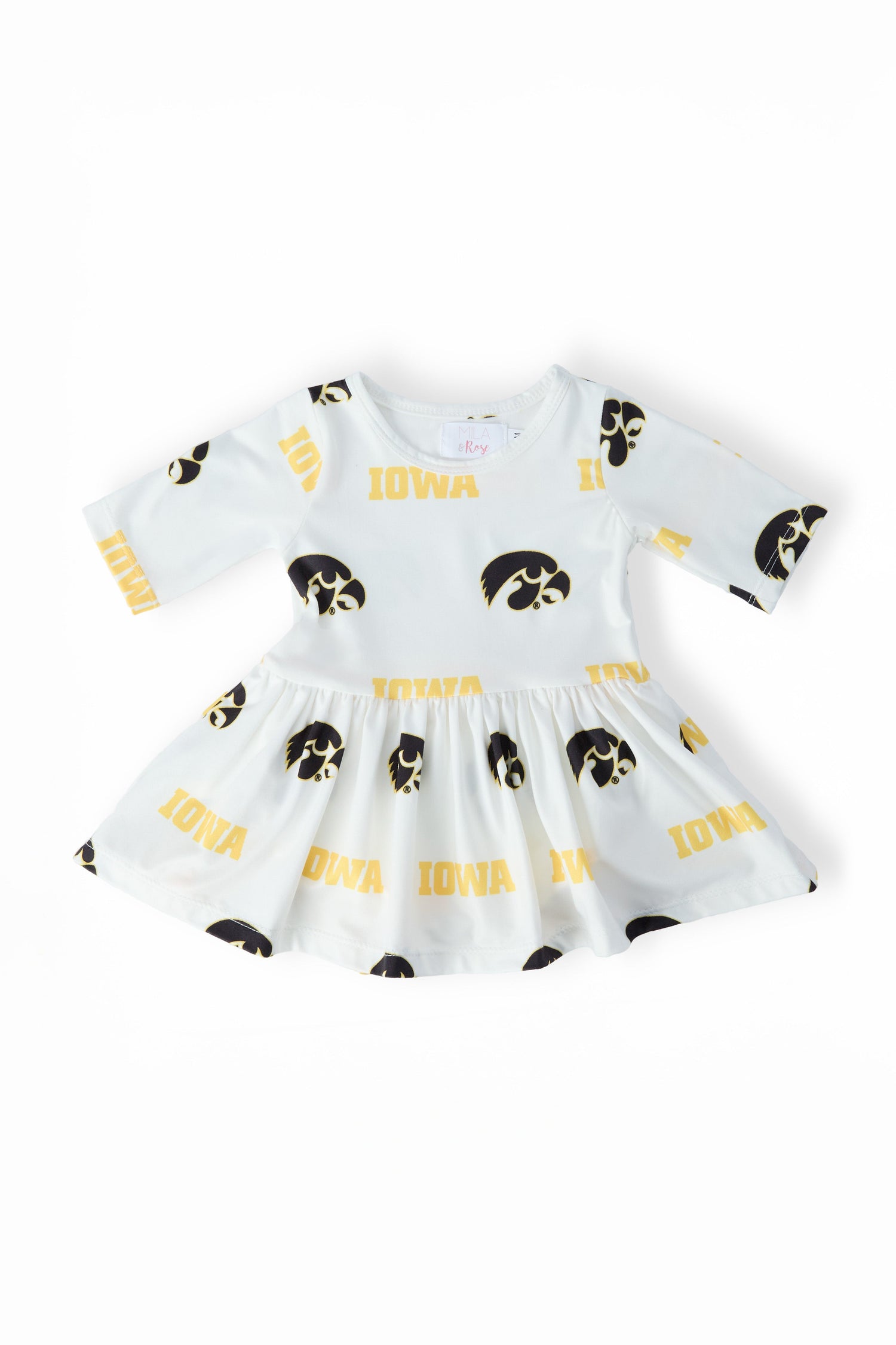White baby twirl bodysuit with black Iowa Tigerhawk logo and 3/4 sleeves