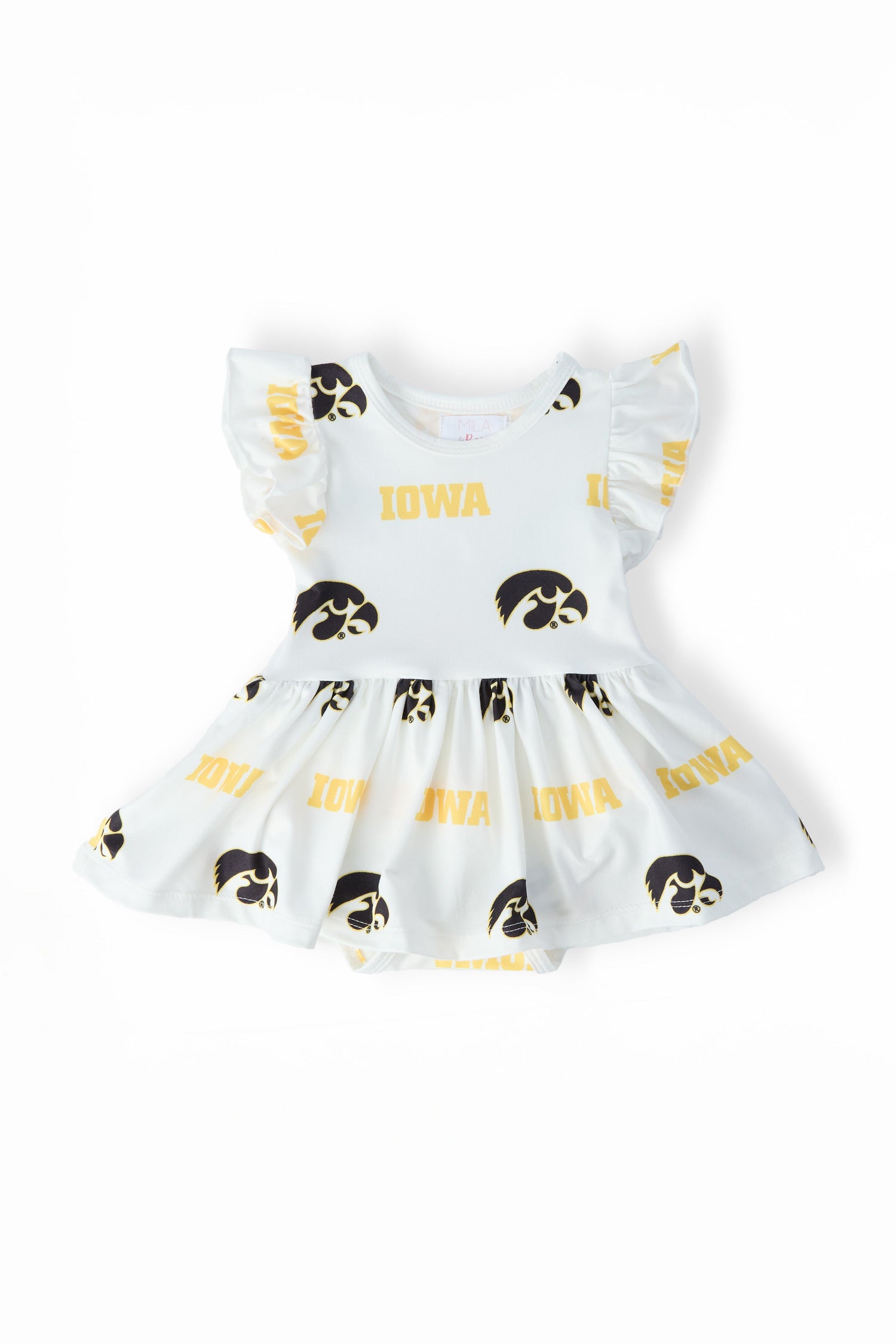 White flutter-sleeve twirl bodysuit with the black and gold Iowa Tigerhawk logo on the chest
