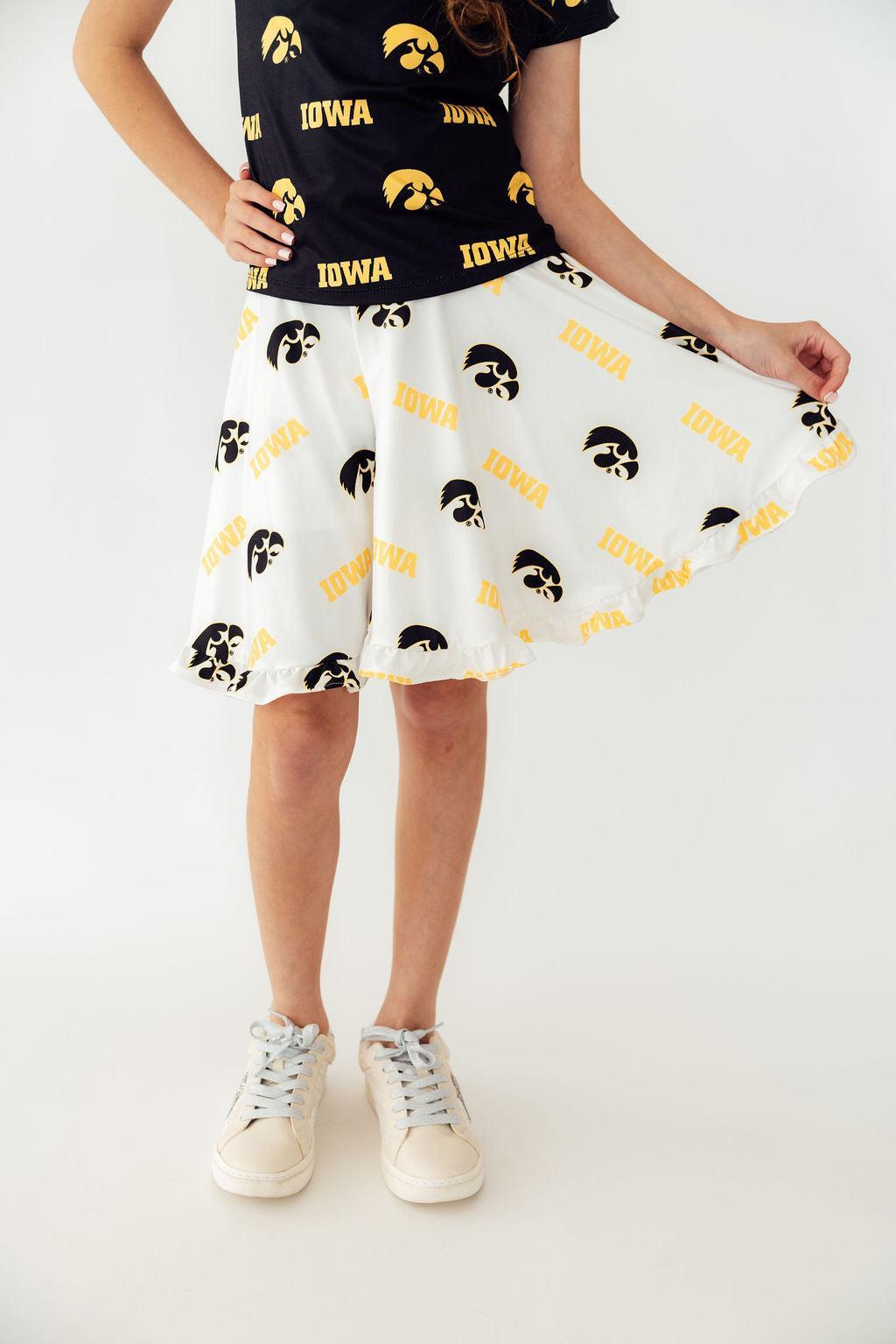 White University of Iowa twirl skort with black and gold Tigerhawk logo for girls