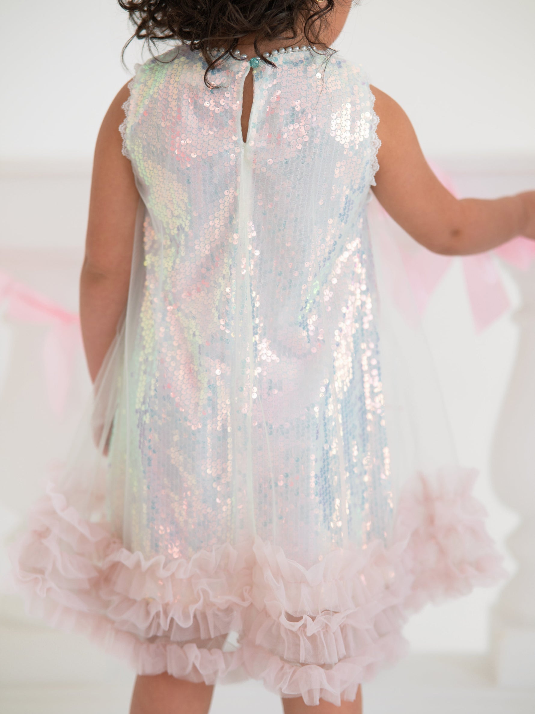 Rylee Faith Designs Iridescent Sequin Bow Ruffle Tulle Girls Dress - 