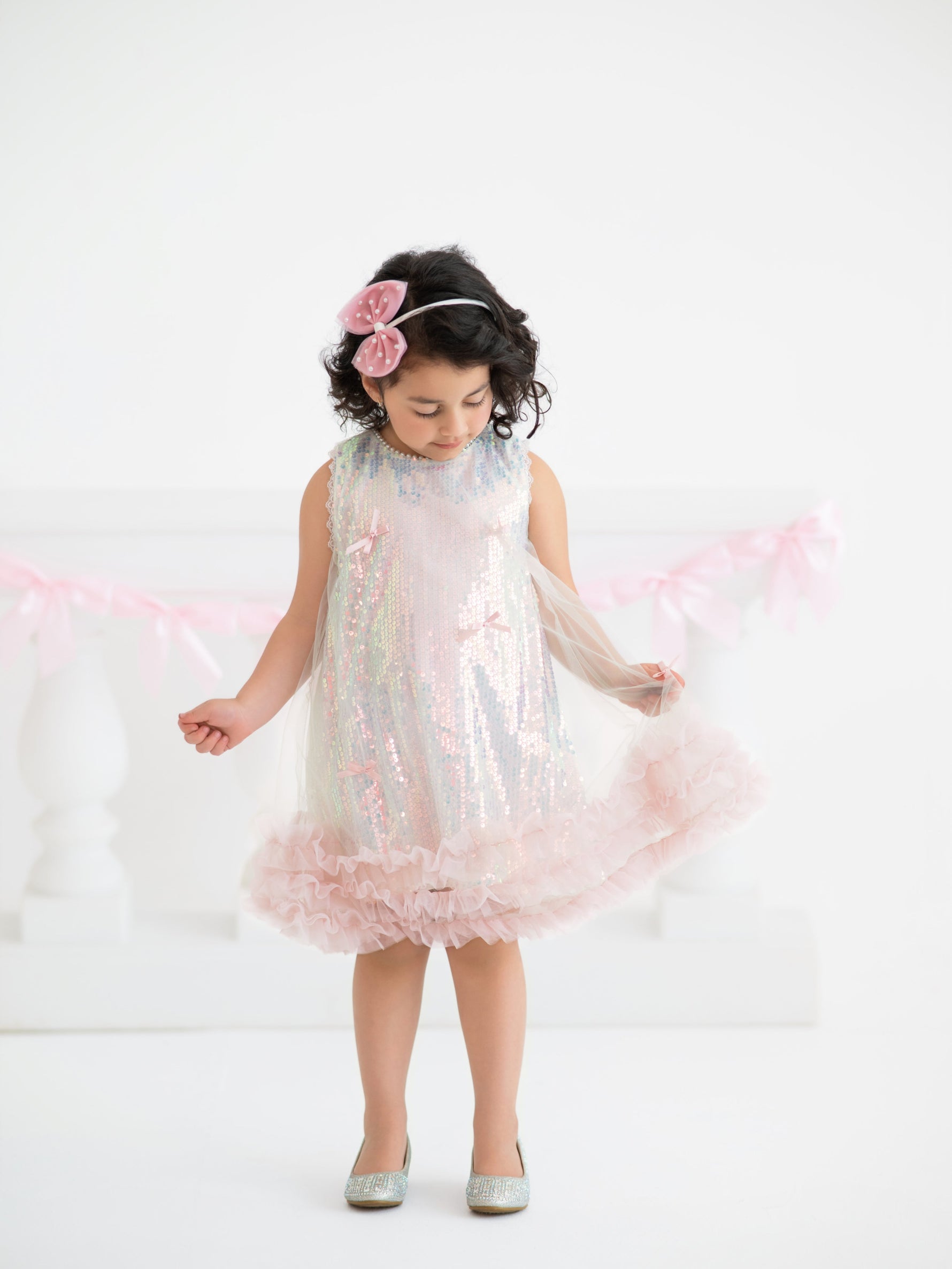 Rylee Faith Designs Iridescent Sequin Bow Ruffle Tulle Girls Dress - 
