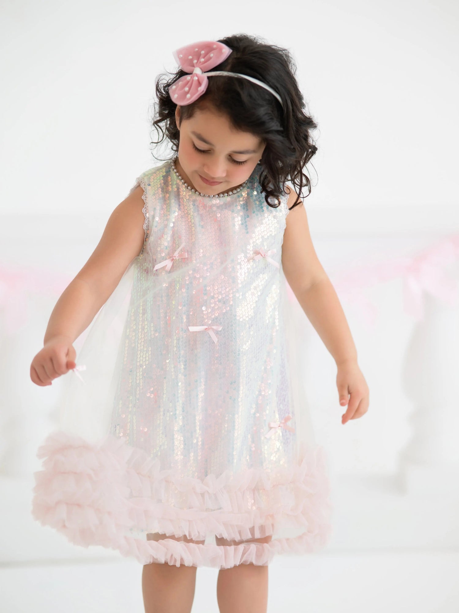 Rylee Faith Designs Iridescent Sequin Bow Ruffle Tulle Girls Dress - 