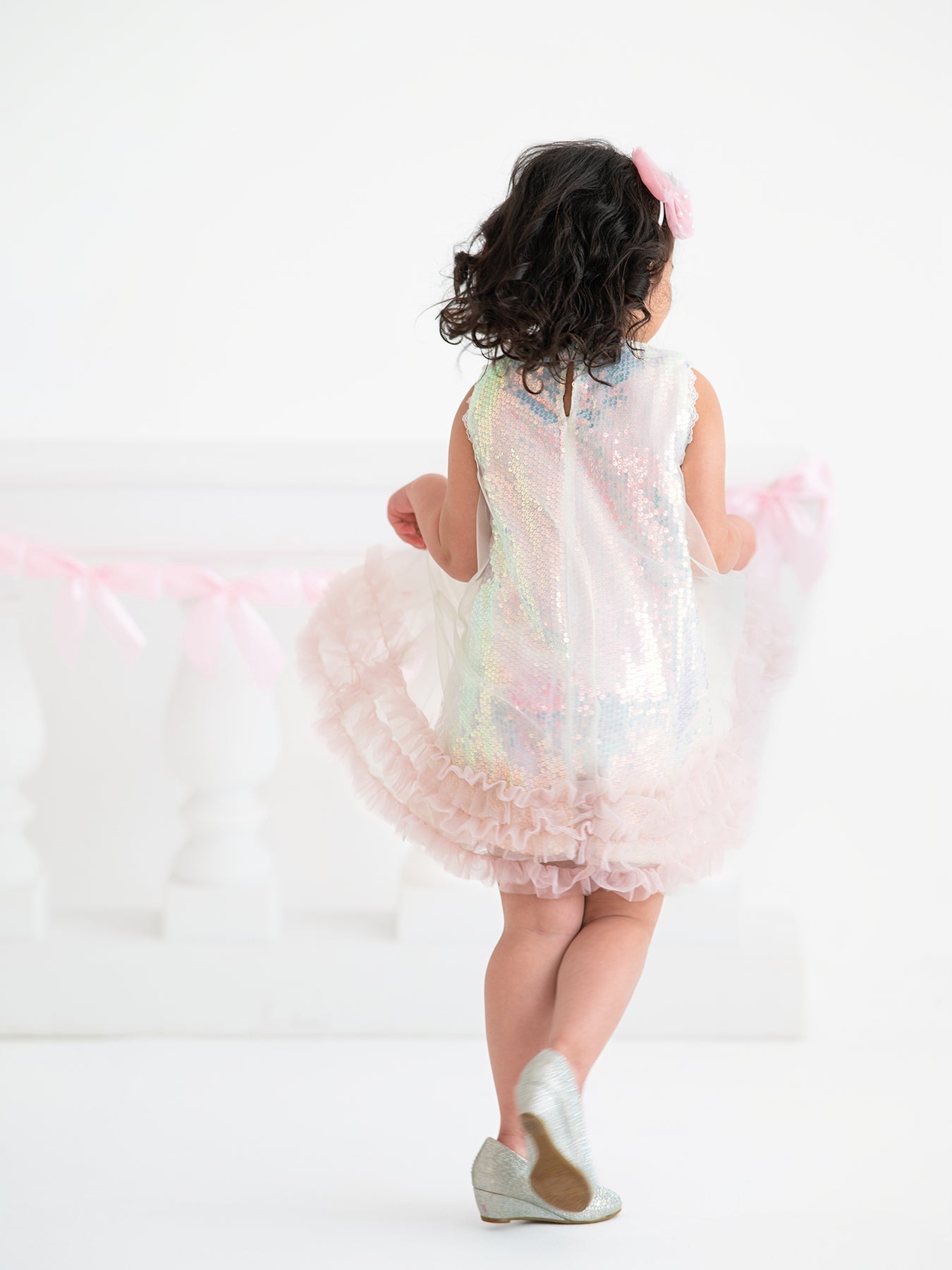 Rylee Faith Designs Iridescent Sequin Bow Ruffle Tulle Girls Dress - 