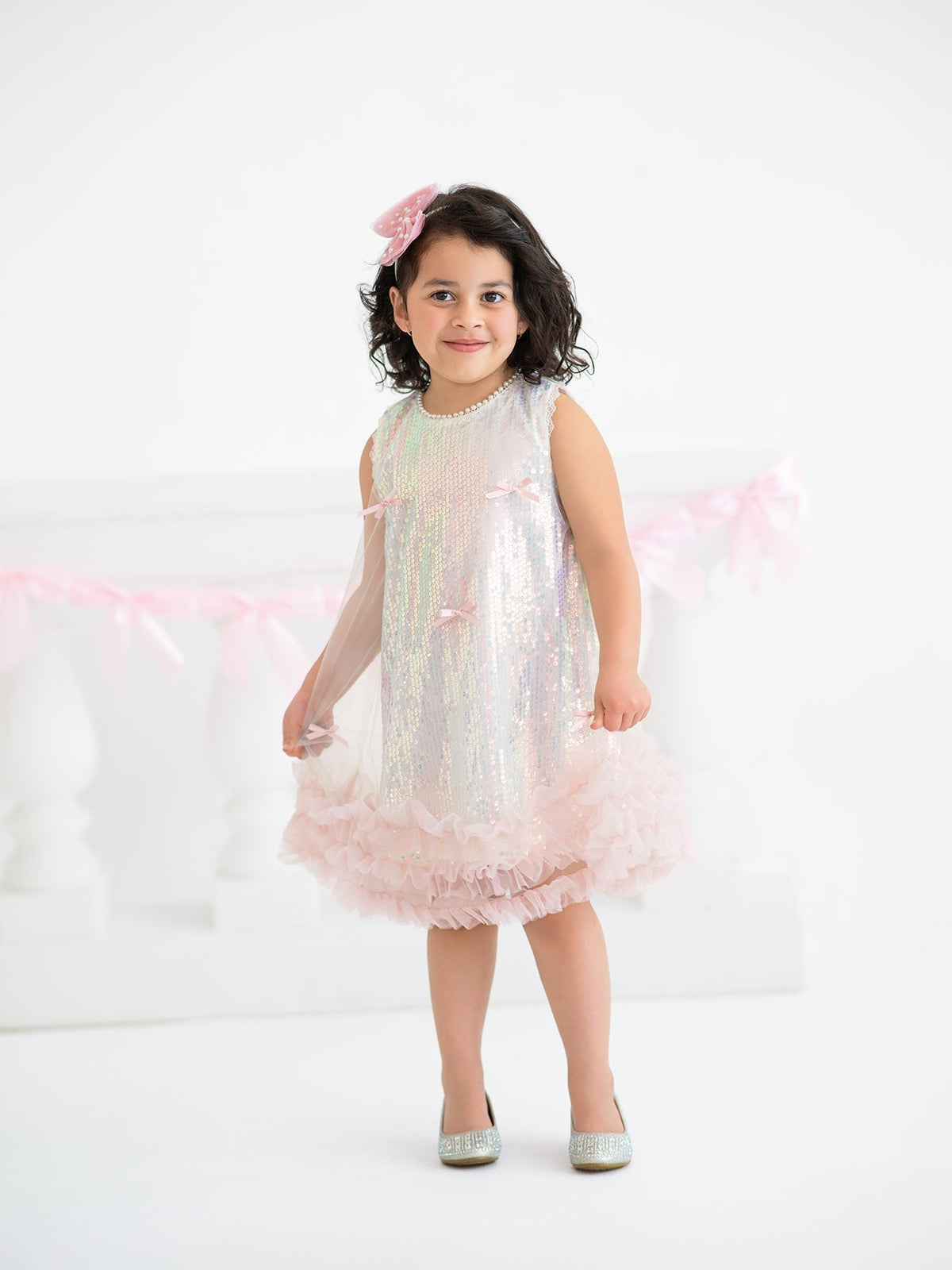 Rylee Faith Designs Iridescent Sequin Bow Ruffle Tulle Girls Dress - 
