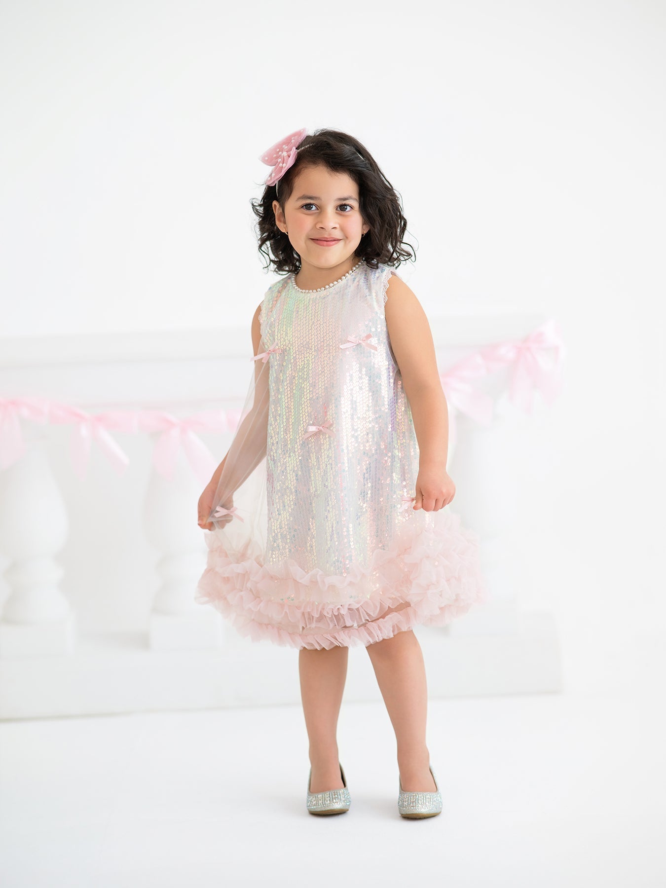 Rylee Faith Designs Iridescent Sequin Bow Ruffle Tulle Girls Dress - 