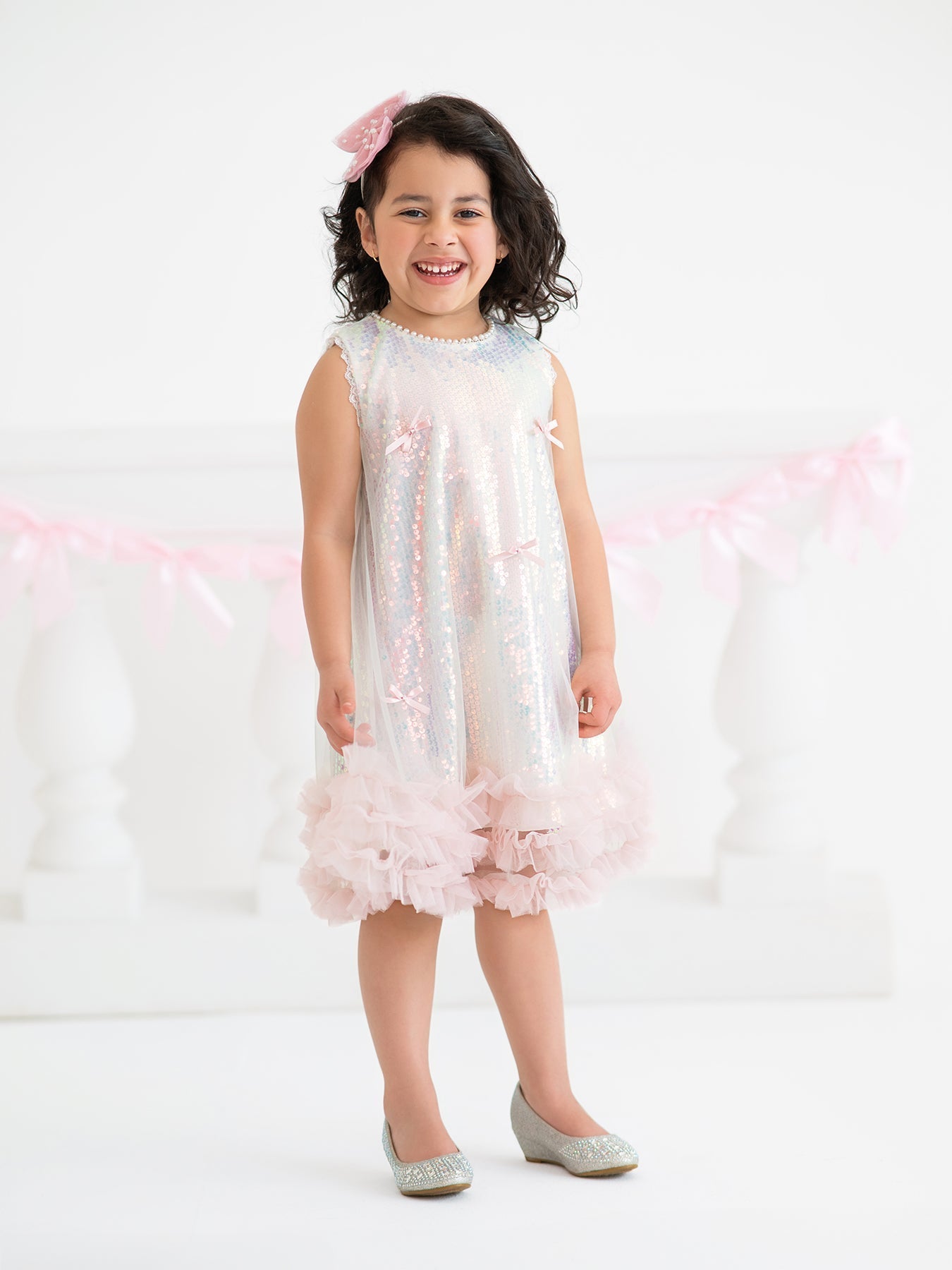 Rylee Faith Designs Iridescent Sequin Bow Ruffle Tulle Girls Dress - 