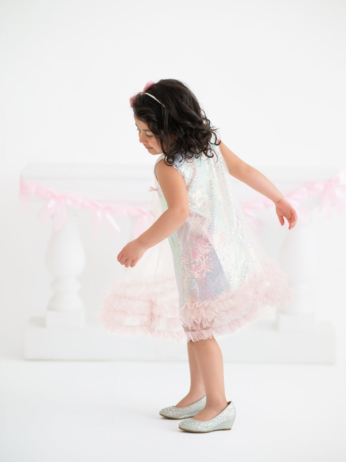Rylee Faith Designs Iridescent Sequin Bow Ruffle Tulle Girls Dress - 