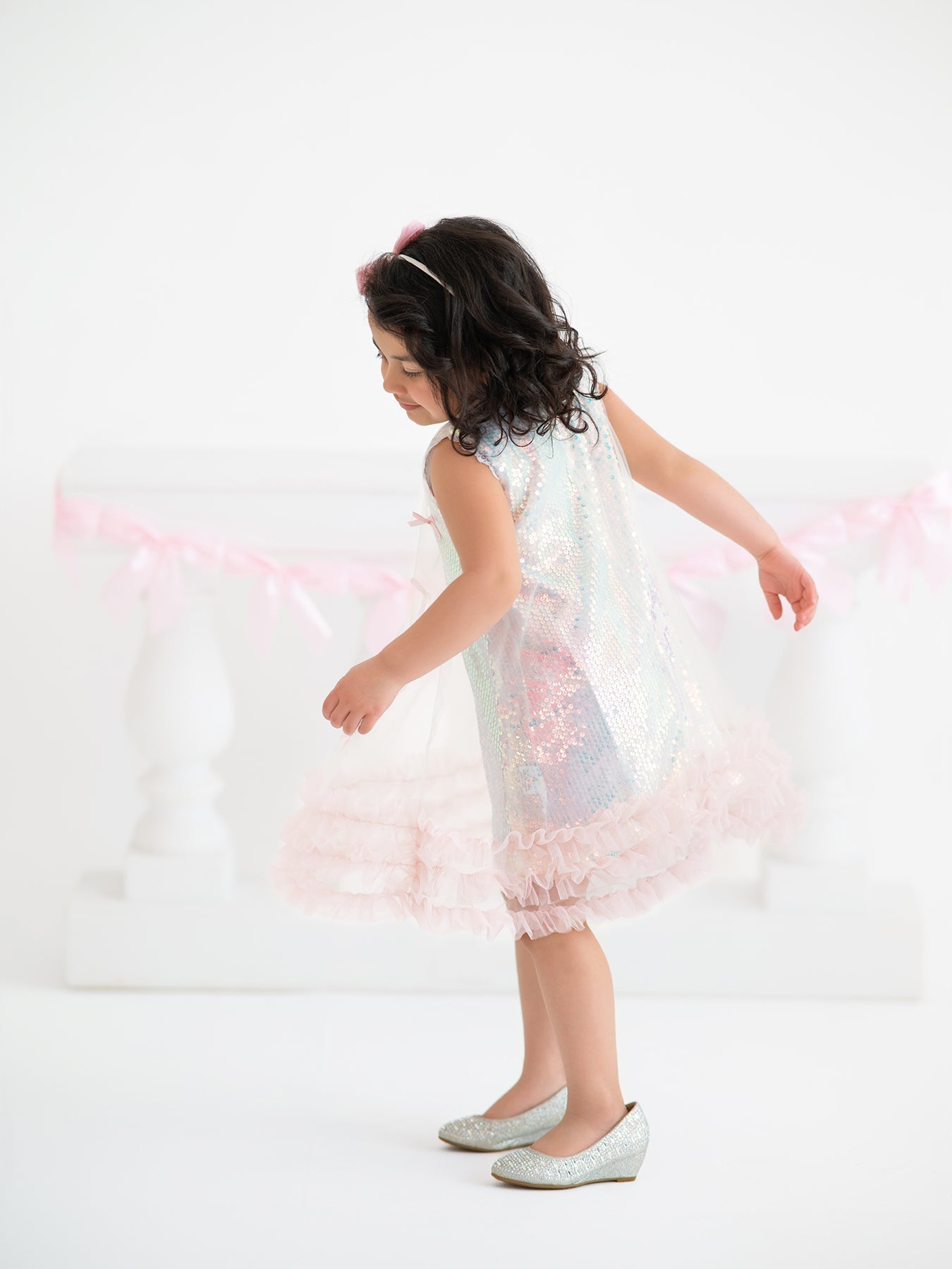 Rylee Faith Designs Iridescent Sequin Bow Ruffle Tulle Girls Dress - 
