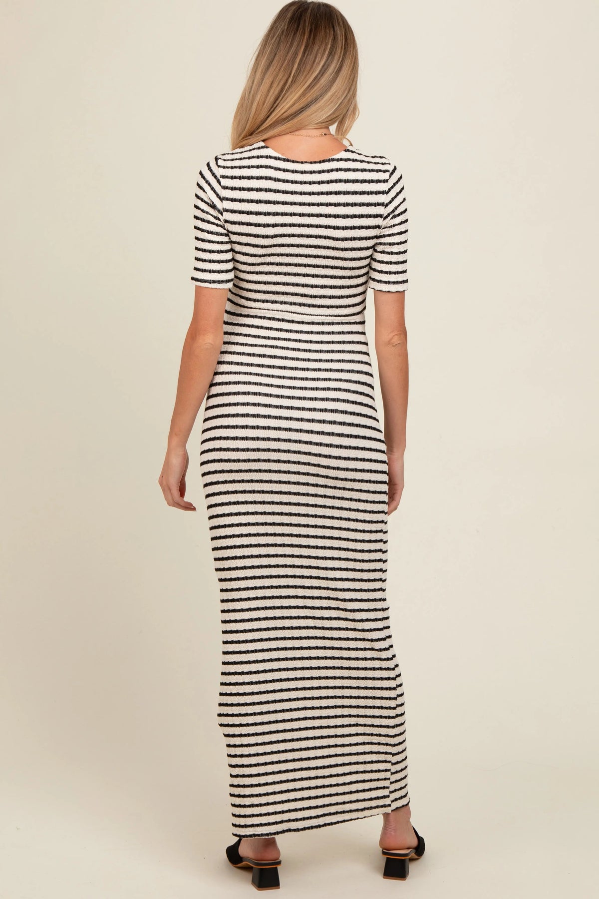 PinkBlush Ivory Black Striped Knit Short Sleeve Maternity Maxi Dress - 