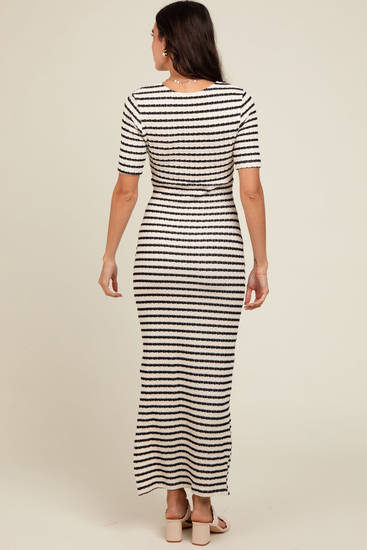 PinkBlush Ivory Black Striped Knit Short Sleeve Maxi Dress