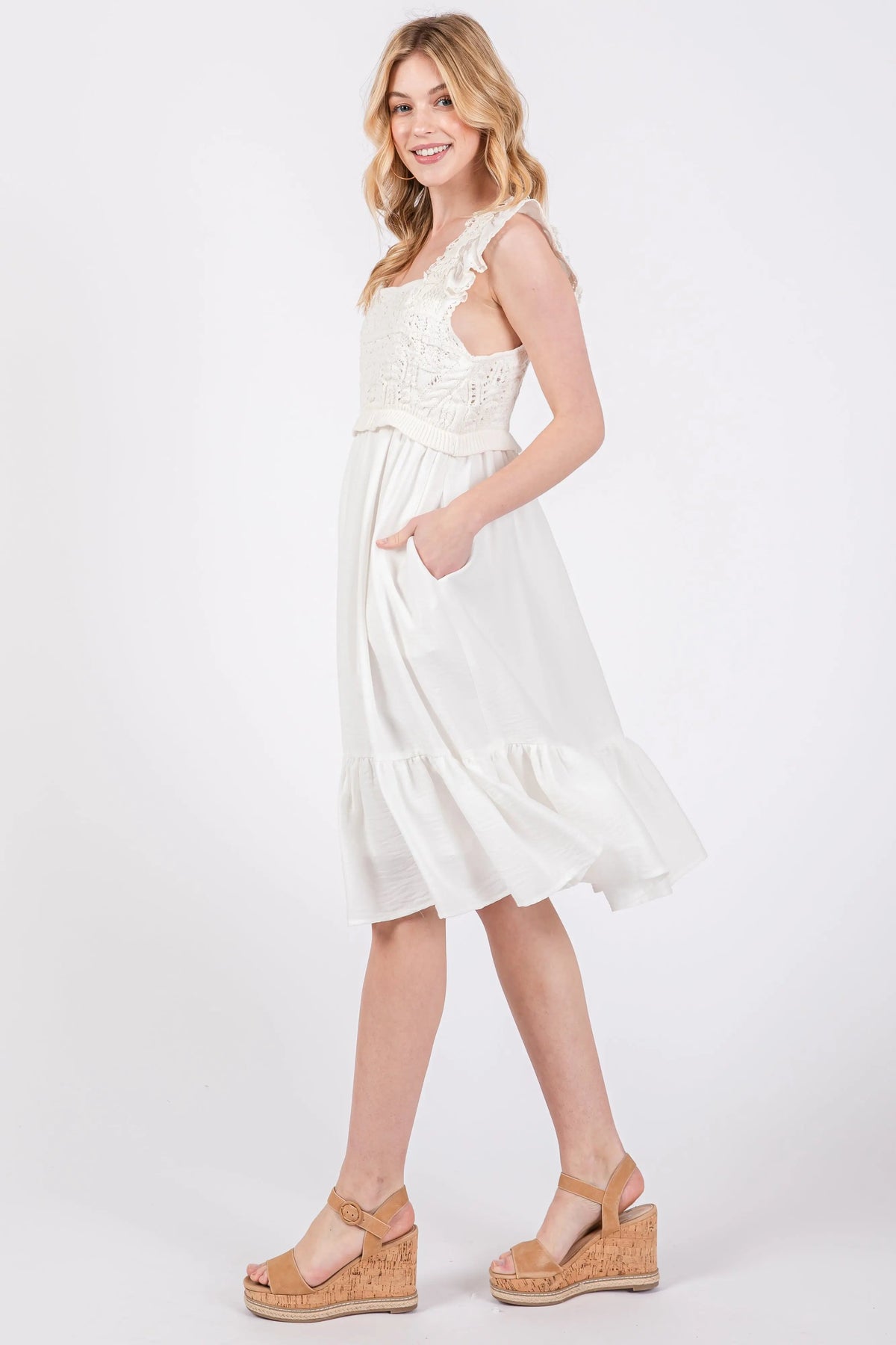 PinkBlush Ivory Crochet Knit Knee Length Dress - 