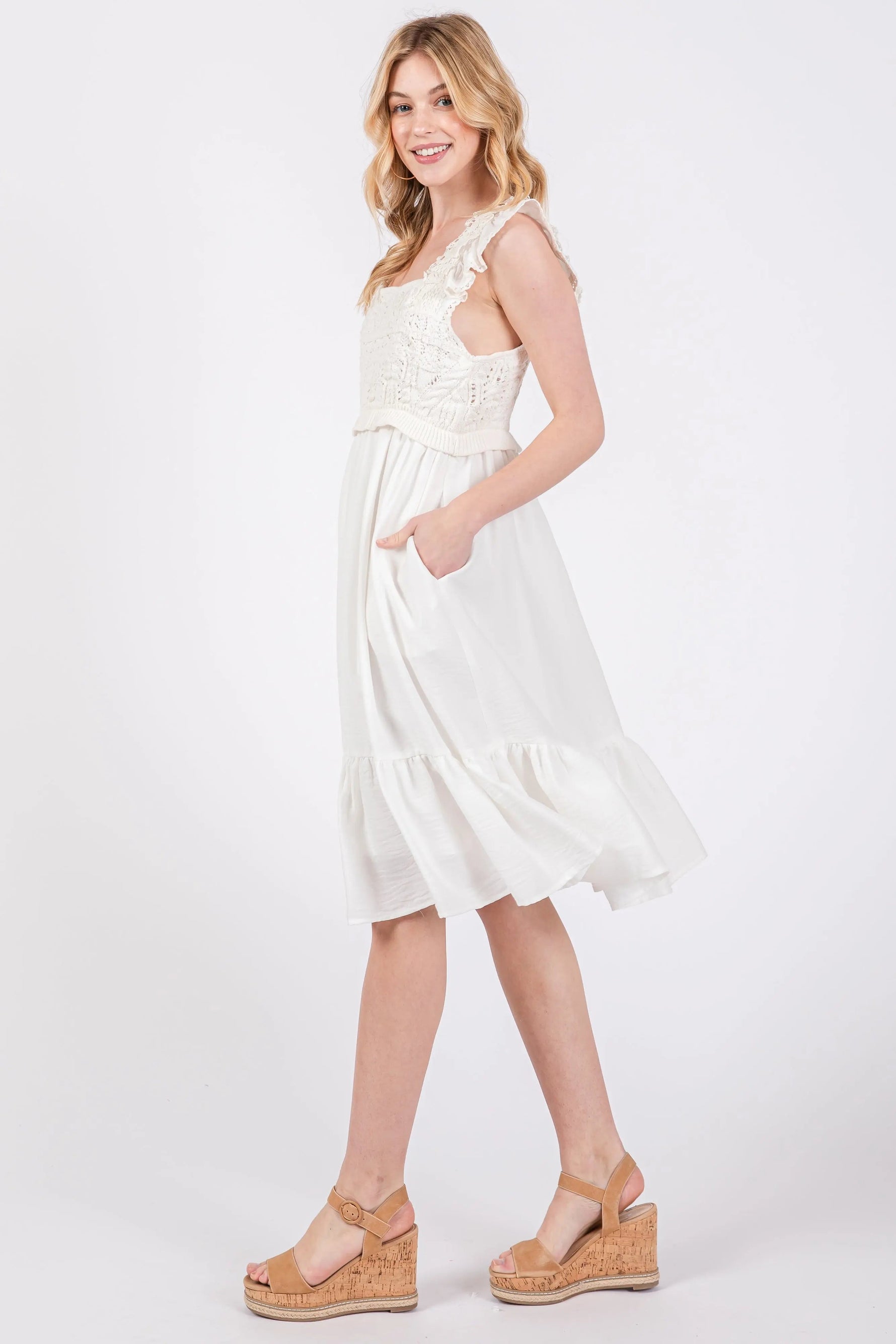 PinkBlush Ivory Crochet Knit Knee Length Dress - 