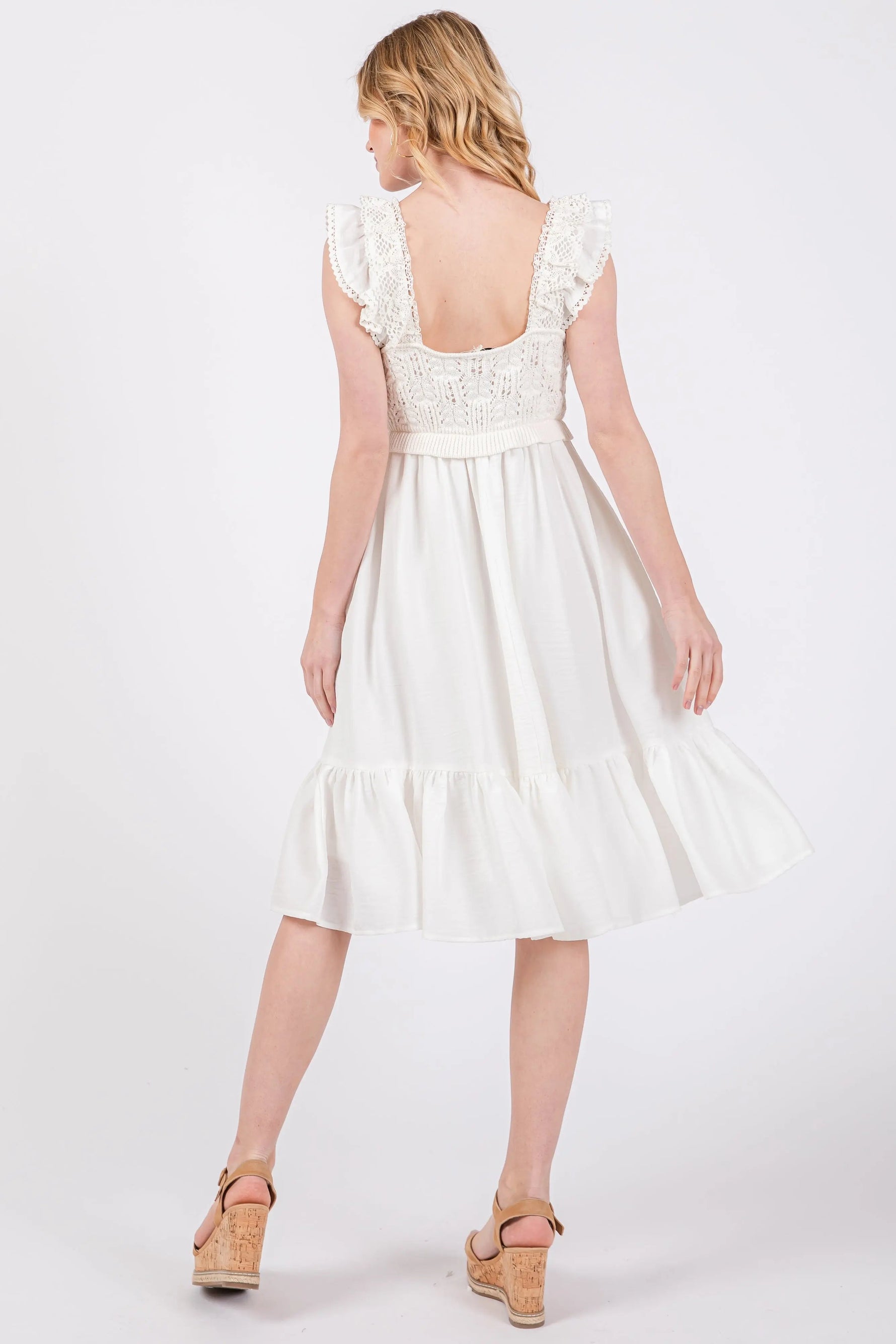 PinkBlush Ivory Crochet Knit Knee Length Dress - 