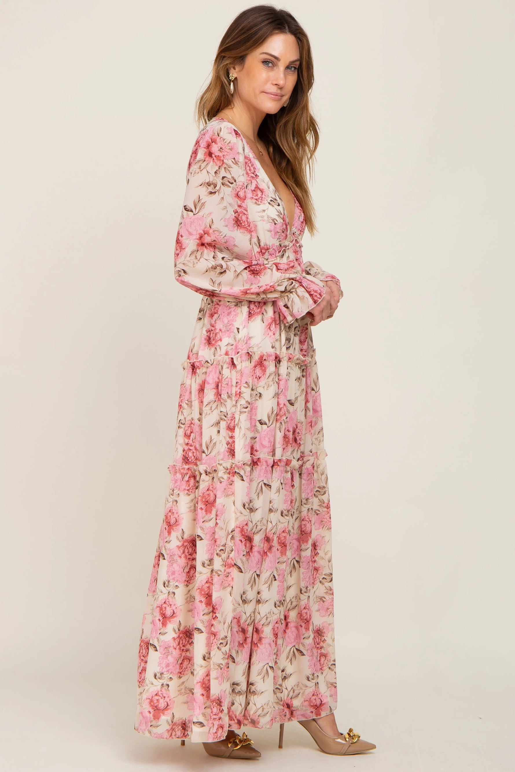 PinkBlush Ivory Floral Chiffon Ruffle Tiered Maxi Dress - 