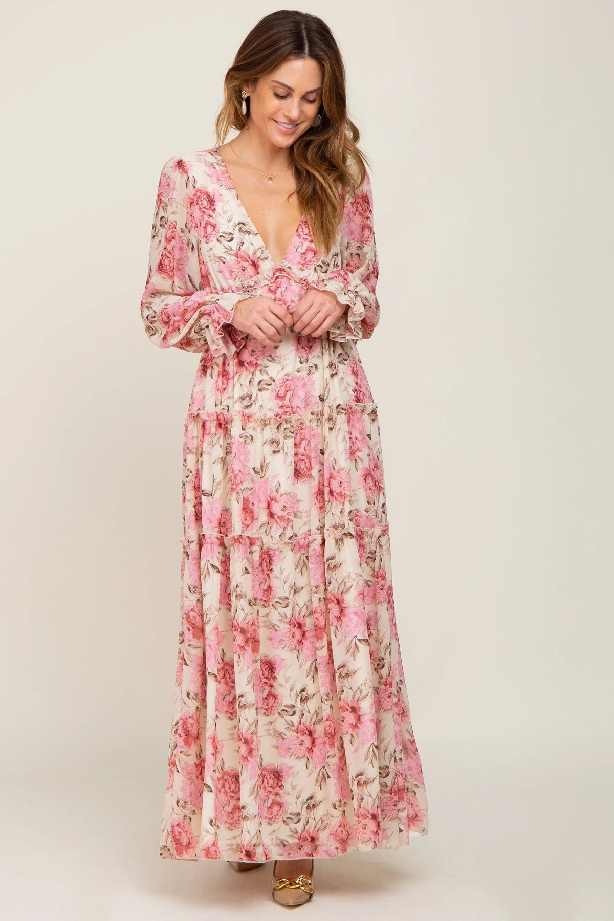 PinkBlush Ivory Floral Chiffon Ruffle Tiered Maxi Dress - 