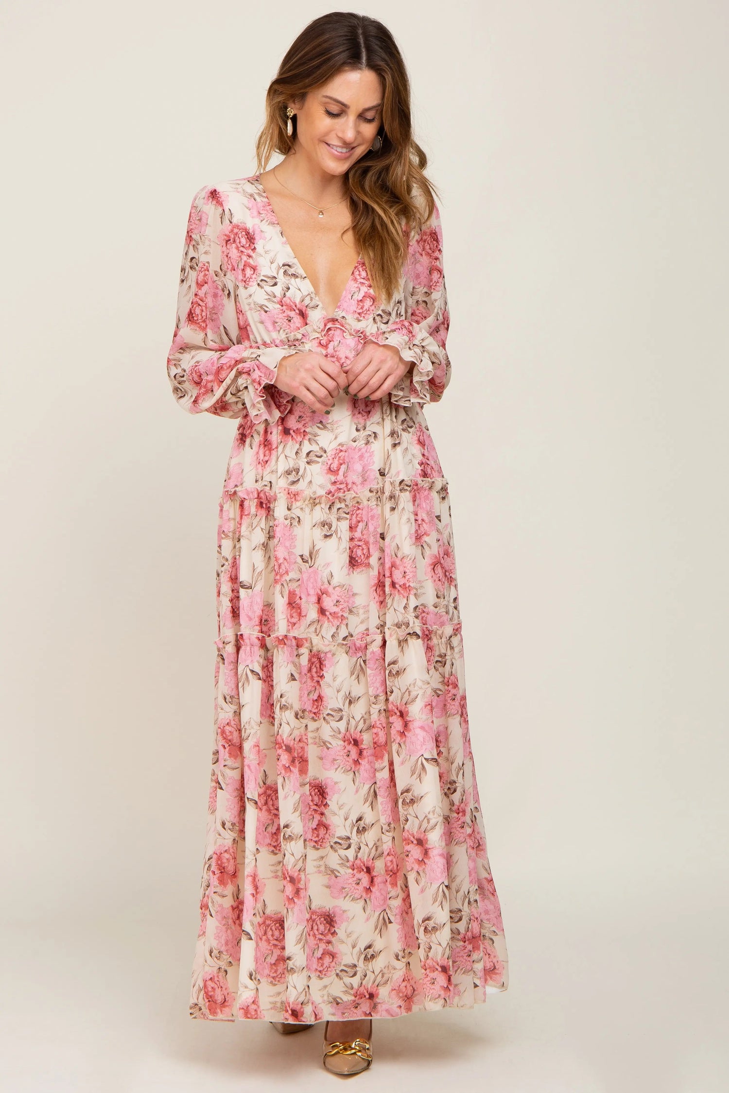 PinkBlush Ivory Floral Chiffon Ruffle Tiered Maxi Dress - 